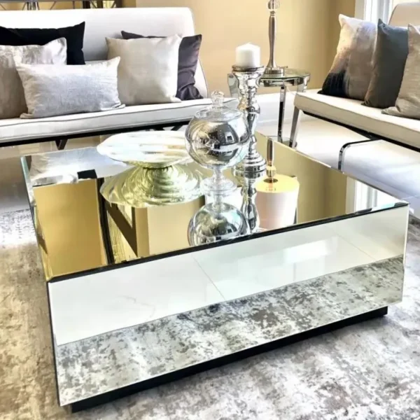 Hot sale Style Squared Low Height Center Table Sparkle Silver Block Mirrored Coffee Table For Home